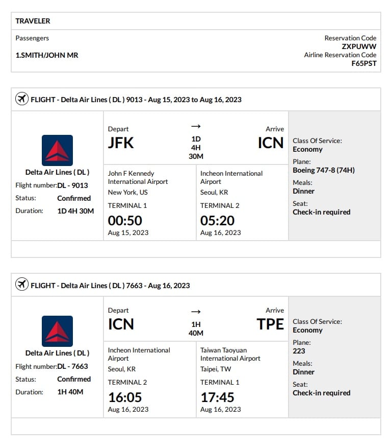 Sample onward ticket with real flight details and booking reference